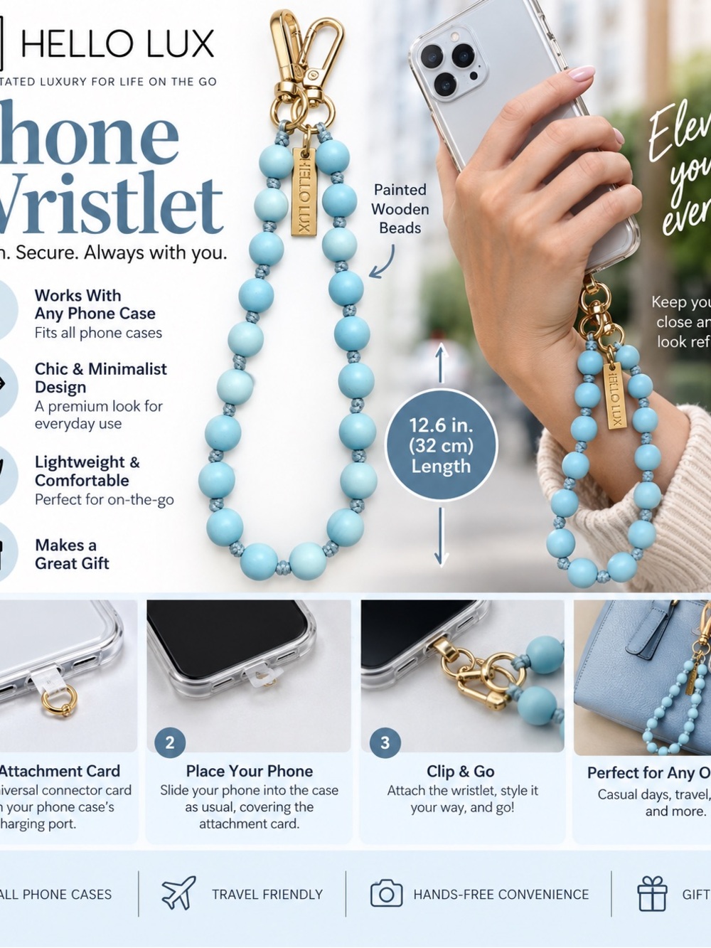Blue Beaded Phone Wristlet with Gold Hardware